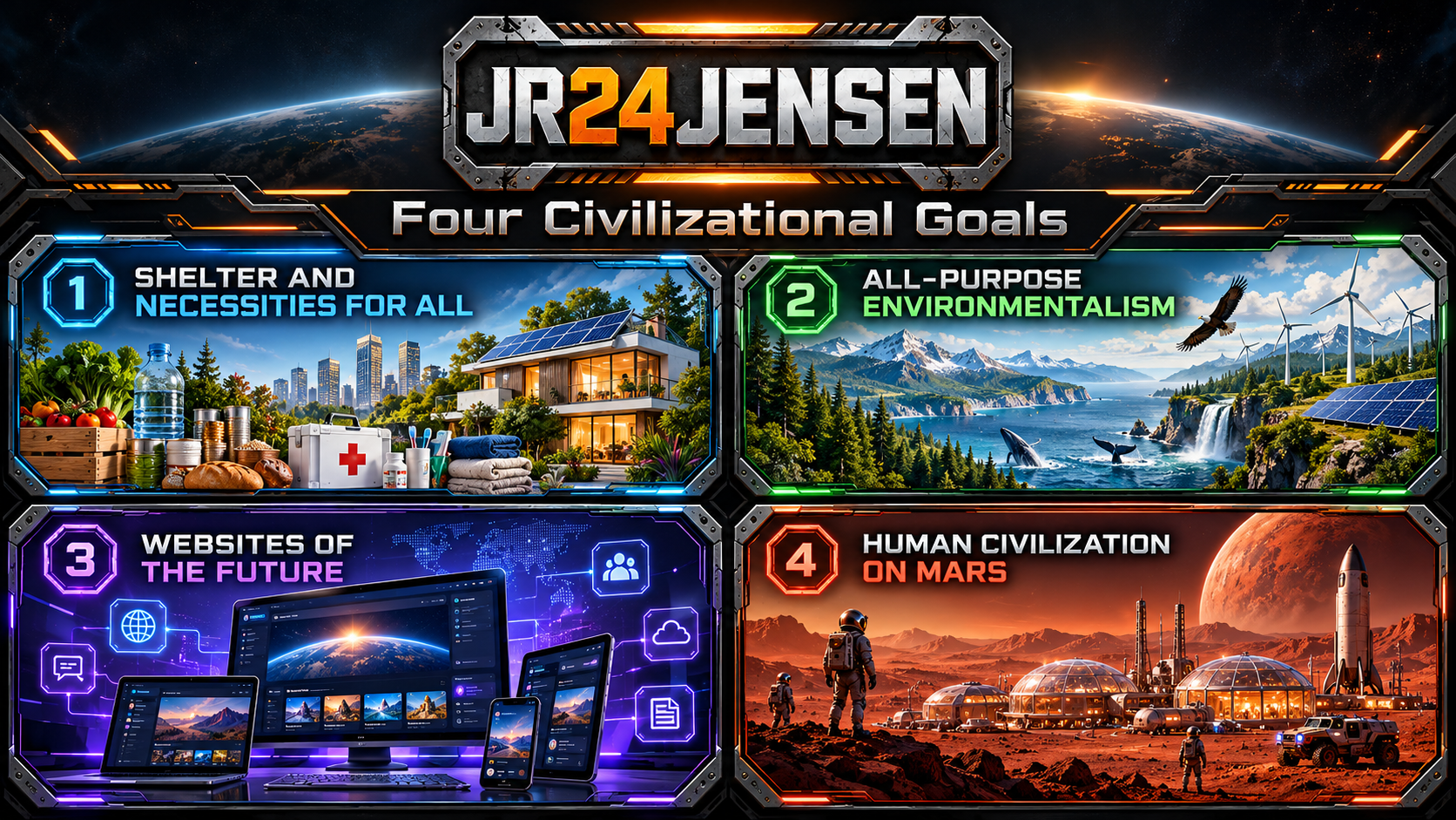 JR24JENSEN: Four Civilizational Goals — Shelter and Necessities for All, All-Purpose Environmentalism, Websites of the Future, and Human Civilization on Mars