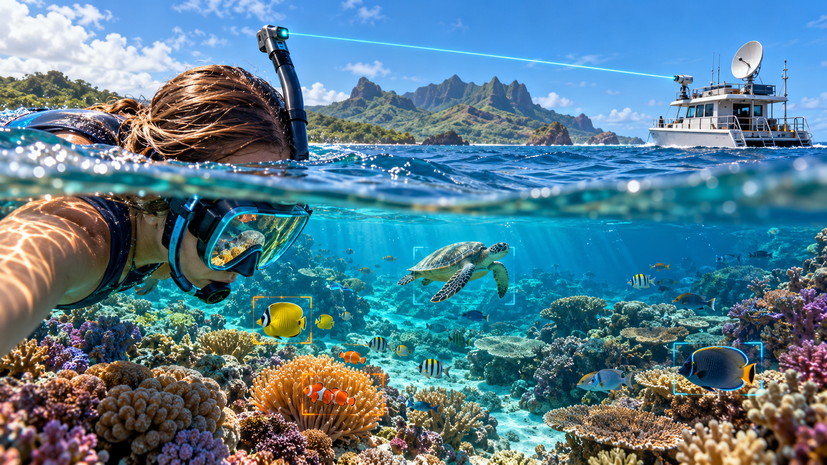 Snorkel.tel snorkeling concept with a satellite-connected boat, direct optical laser link to a snorkel receiver, and augmented-reality reef exploration.