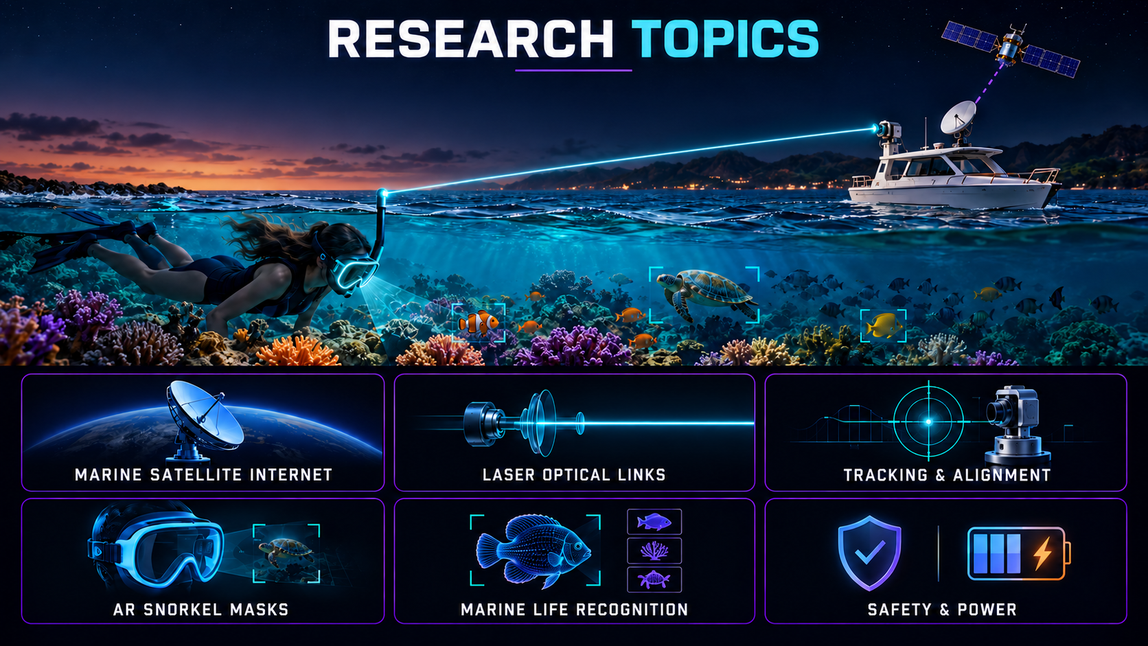 Research Topics: marine satellite internet, laser optical links, tracking and alignment, AR snorkel masks, marine life recognition, and safety and power.
